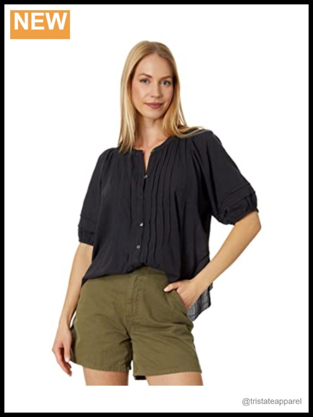 Lucky Brand Women's Pintuck Peasant Blouse Cotton V-Neck Button Down
